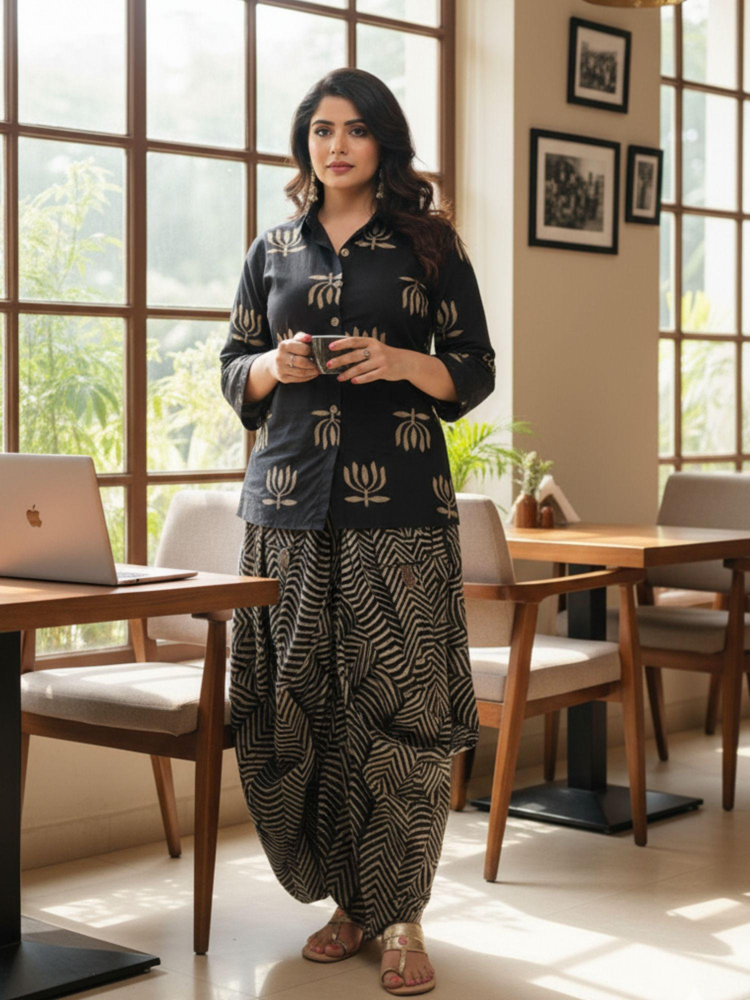 Women Cotton Flex Printed Black Shirt with Skirt-image-6
