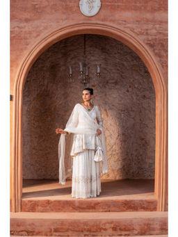 CHAR CHAAND - Women Georgette Sequined White Kurti with Sharara and Dupatta Potli Bag