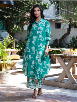 The Rune Studio - Women Muslin Silk Floral Green Kurta with Pant