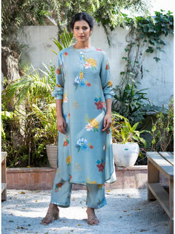 The Rune Studio - Women Muslin Silk Floral Blue Co-Ord Set