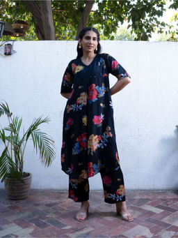 The Rune Studio - Women Muslin Silk Floral Black Co-Ord Set