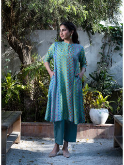 The Rune Studio - Women Muslin Silk Printed Blue Kurta with Pant