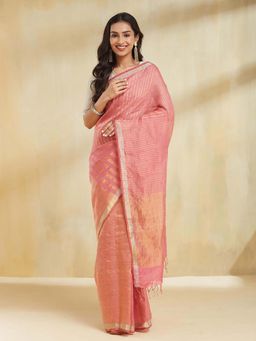 Fabindia - Women Pink Linen Blend Woven Saree Without Blouse