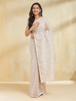 Fabindia - Women Beige Linen Blend Woven Saree Without Blouse
