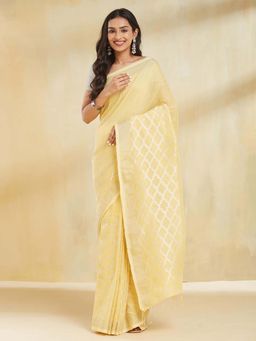 Fabindia - Women Yellow Linen Blend Woven Saree Without Blouse