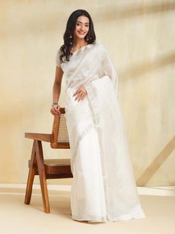 Fabindia - Women White Viscose Blend Woven Saree Without Blouse