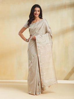 Fabindia - Women Beige Silk Woven Saree Without Blouse