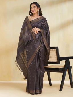 Fabindia - Women Black Silk Blend Woven Saree Without Blouse