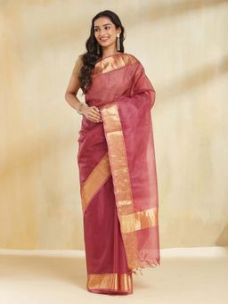 Fabindia - Women Pink Silk Blend Woven Saree Without Blouse