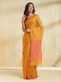 Fabindia - Women Mustard Cotton Blend Woven Saree Without Blouse