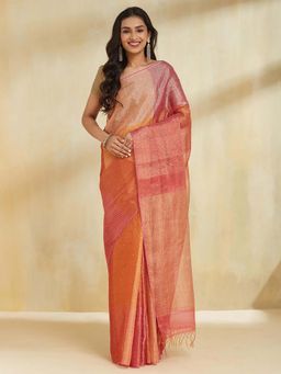 Fabindia - Women Pink Cotton Blend Woven Saree Without Blouse