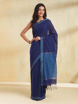 Fabindia - Women Navy Blue Cotton Woven Saree Without Blouse
