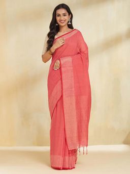 Fabindia - Women Pink Cotton Woven Saree Without Blouse