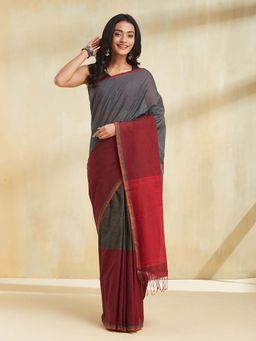 Fabindia - Women Black Cotton Woven Saree Without Blouse
