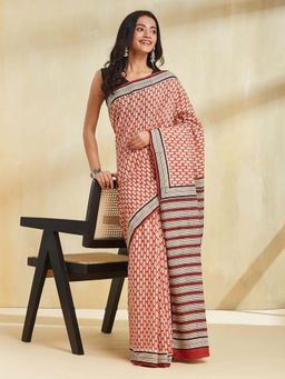 Fabindia - Women Red Cotton Printed Saree Without Blouse