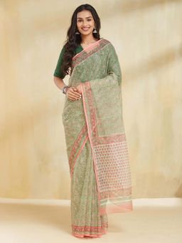 Fabindia - Women Green Cotton Silk Printed Saree Without Blouse