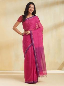 Fabindia - Women Pink Cotton Silk Woven Saree Without Blouse