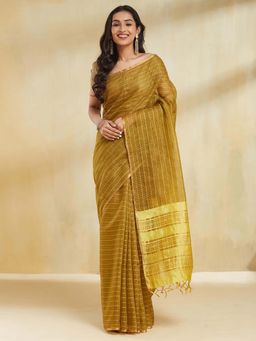 Fabindia - Women Olive Silk Blend Stripes Saree Without Blouse