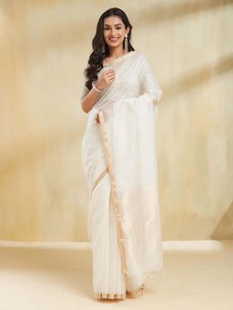 Fabindia - Women White Cotton Silk Woven Saree Without Blouse