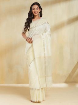 Fabindia - Women Off White Cotton Silk Woven Saree Without Blouse