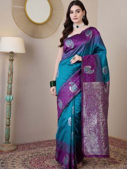 BLACK SCISSOR - Women Turquoise Silk Blend Woven Saree with Unstitched Blouse