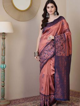 BLACK SCISSOR - Women Orange Silk Blend Woven Saree with Unstitched Blouse