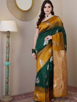 BLACK SCISSOR - Women Green Silk Blend Woven Saree with Unstitched Blouse