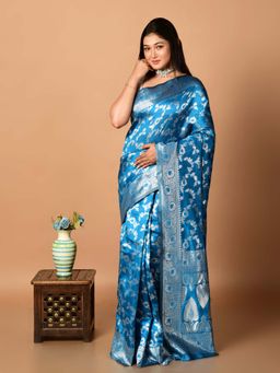 LAA CALCUTTA - Women Blue Silk Woven Saree Without Blouse