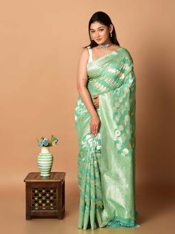 LAA CALCUTTA - Women Green Organza Woven Saree Without Blouse