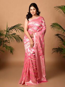 LAA CALCUTTA - Women Pink Organza Woven Saree Without Blouse