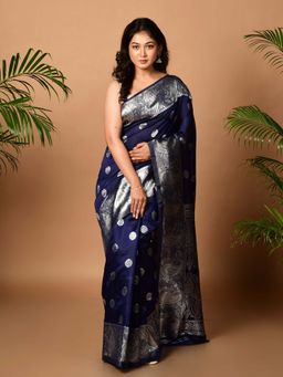 LAA CALCUTTA - Women Navy Blue Silk Woven Saree Without Blouse