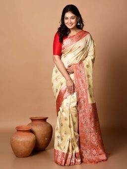 LAA CALCUTTA - Women Cream Silk Woven Saree Without Blouse