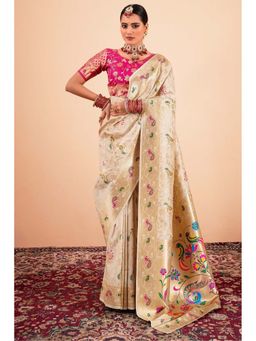 Mysilklove - Women Cream Paithani Woven Saree with Unstitched Blouse