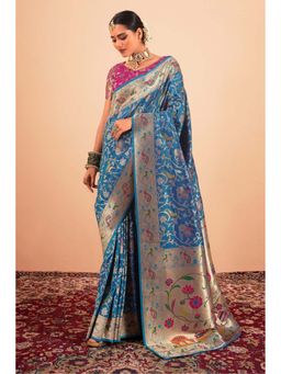 Mysilklove - Women Blue Paithani Woven Saree with Unstitched Blouse