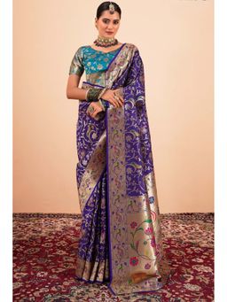 Mysilklove - Women Blue Paithani Woven Saree with Unstitched Blouse