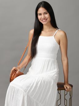 SHOWOFF - Womens Shoulder Straps Midi White Solid Dress