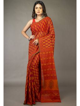 Unnati Silks - Orange Red Pure Block Printed Superfine Mulmul Cotton Saree with Unstitched Blouse