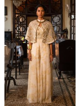 Paulmi & Harsh - Ivory Crepe Printed Jumpsuit With Jacket and Belt
