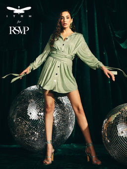 RSVP by Nykaa Fashion - Light Green Rhinestone Embellished Mini Shirt Dress With Tie Up Belt