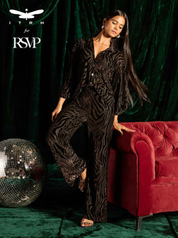 RSVP by Nykaa Fashion - Black Textured Shirt High Waist Wide Leg Trouser Co Ord Set (Set of 2)