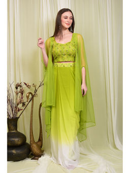 LAALZARI - Green Crop Top with Shaded Dhoti Skirt And Shrug (Set of 3)