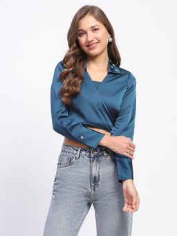 Madame - Embellished Collar Front Tie Crop Shirt