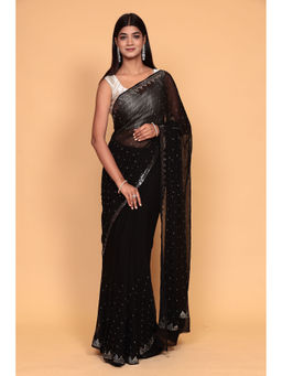 Zari Jaipur - Chiffon Embellished Black Saree with Unstitched Blouse