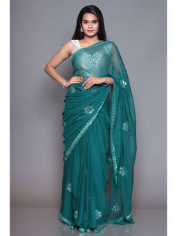 Zari Jaipur - Embellished Dark Green Saree with Unstitched Blouse