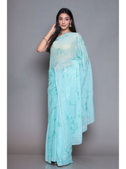 Zari Jaipur - Light Blue Embellished Chiffon Saree with Unstitched Blouse
