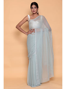 Zari Jaipur - Grey Cotton Silk Embellished Saree with Unstitched Blouse