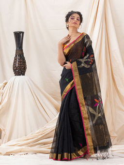 Angoshobha - Traditional Black Cotton Silk Fancy Jamdani Saree with Unstitched Blouse
