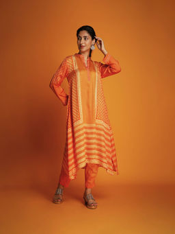 Krishna Mehta - Orange Printed Full Sleeves Co-Ord (Set of 2)