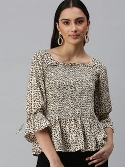 SHOWOFF - Women Square Neck Bell Sleeves Animal Print Beige Top
