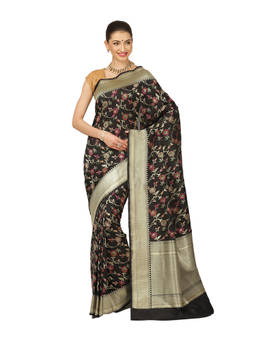 Banarasi Silk Works - Women Black Semi Katan Saree with Unstitched Blouse